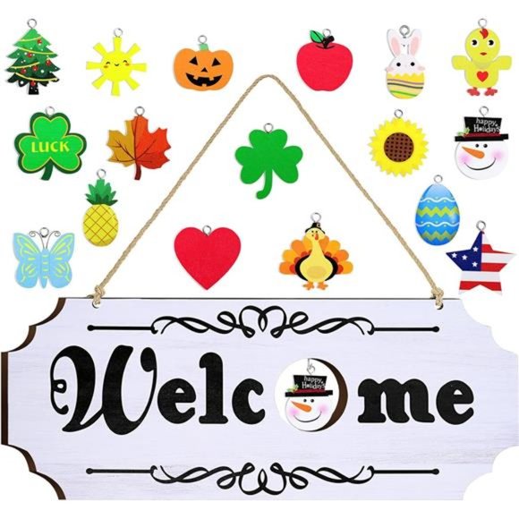 Welcome Sign Interchangeable Welcome Sign with Seasonal Holiday Pieces  (White) - Picture 1 of 7